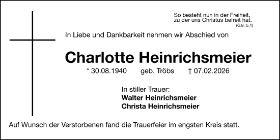 Traueranzeige von Charlotte Heinrichsmeier von Gesamtausgabe Nürnberger Nachrichten/ Nürnberger Ztg.