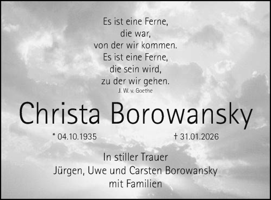 Traueranzeige von Christa Borowansky von Gesamtausgabe Nürnberger Nachrichten/ Nürnberger Ztg.