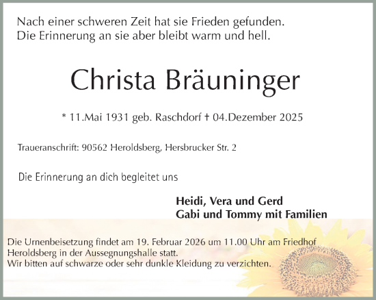 Traueranzeige von Christa Bräuninger von Gesamtausgabe Nürnberger Nachrichten/ Nürnberger Ztg.