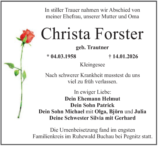 Traueranzeige von Christa Forster von Nordbayerische Nachrichten Forchheim Lokal