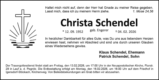 Traueranzeige von Christa Schendel von Gesamtausgabe Nürnberger Nachrichten/ Nürnberger Ztg.
