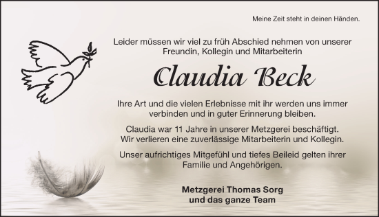 Traueranzeige von Claudia Beck von Altmühl-Bote Lokal