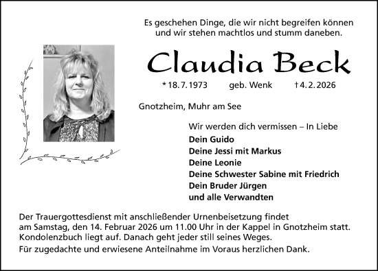 Traueranzeige von Claudia Beck von Altmühl-Bote Lokal