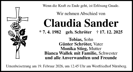 Traueranzeige von Claudia Sander von Gesamtausgabe Nürnberger Nachrichten/ Nürnberger Ztg.