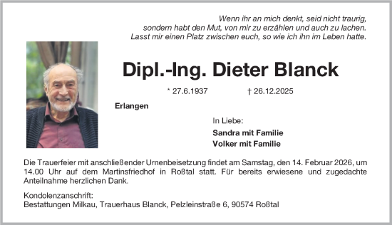 Traueranzeige von Dieter Blanck von Gesamtausgabe Nürnberger Nachrichten/ Nürnberger Ztg.