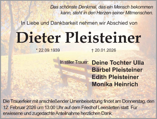 Traueranzeige von Dieter Pleisteiner von Gesamtausgabe Nürnberger Nachrichten/ Nürnberger Ztg.