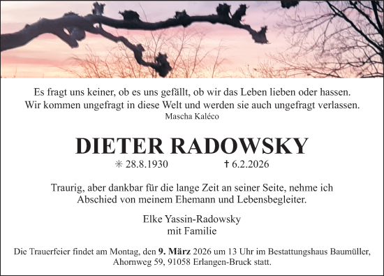 Traueranzeige von Dieter Radowsky von Erlanger Nachrichten Lokal