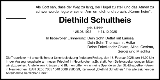 Traueranzeige von Diethild Schultheis von Erlanger Nachrichten Lokal
