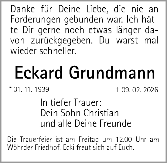 Traueranzeige von Eckard Grundmann von Gesamtausgabe Nürnberger Nachrichten/ Nürnberger Ztg.