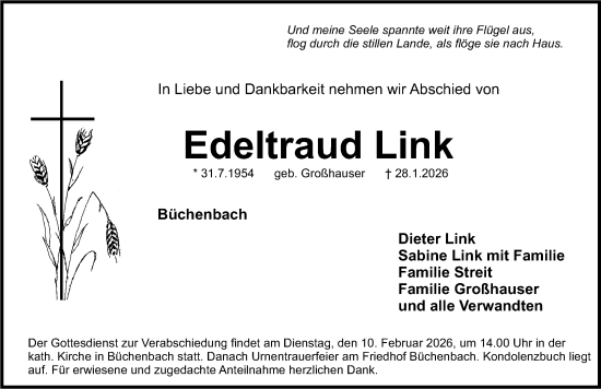 Traueranzeige von Edeltraud Link von Roth-Hilpoltsteiner Volkszeitung Lokal