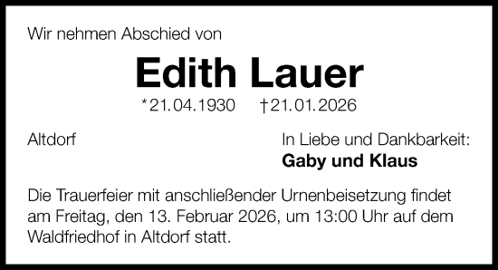 Traueranzeige von Edith Lauer von Gesamtausgabe Nürnberger Nachrichten/ Nürnberger Ztg.
