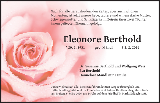 Traueranzeige von Eleonore Berthold von Gesamtausgabe Nürnberger Nachrichten/ Nürnberger Ztg.