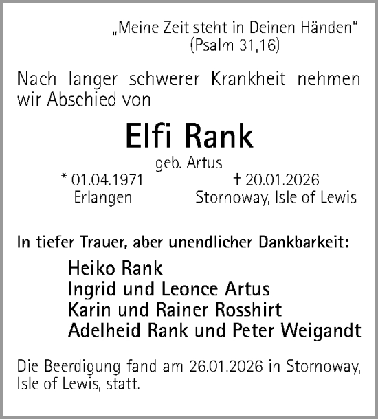 Traueranzeige von Elfi Rank von Gesamtausgabe Nürnberger Nachrichten/ Nürnberger Ztg.