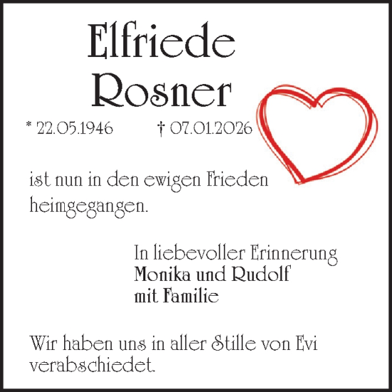 Traueranzeige von Elfriede Rosner von Gesamtausgabe Nürnberger Nachrichten/ Nürnberger Ztg.
