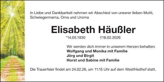 Traueranzeige von Elisabeth Häußler von Gesamtausgabe Nürnberger Nachrichten/ Nürnberger Ztg.