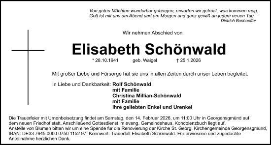 Traueranzeige von Elisabeth Schönwald von Roth-Hilpoltsteiner Volkszeitung Lokal