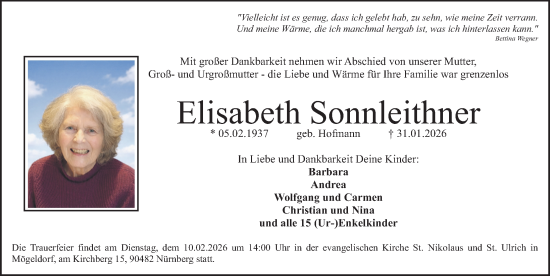 Traueranzeige von Elisabeth Sonnleithner von Gesamtausgabe Nürnberger Nachrichten/ Nürnberger Ztg.
