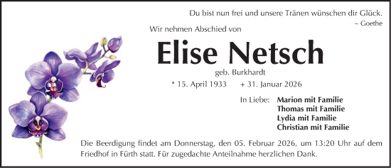 Traueranzeige von Elise Netsch von Fürther Nachrichten Lokal