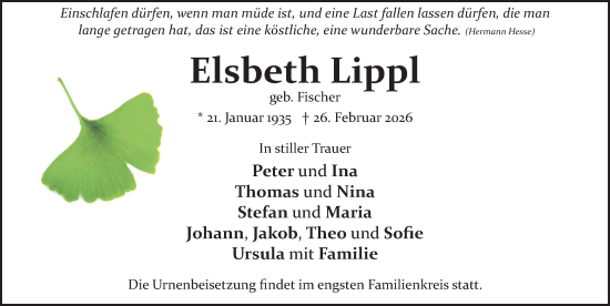 Traueranzeige von Elsbeth Lippl von Gesamtausgabe Nürnberger Nachrichten/ Nürnberger Ztg.