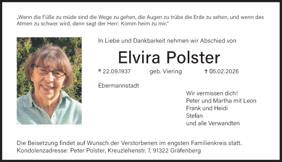 Traueranzeige von Elvira Polster von Nordbayerische Nachrichten Forchheim Lokal