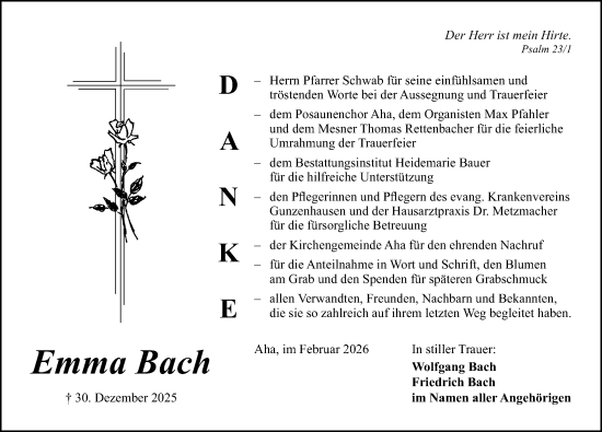 Traueranzeige von Emma Bach von Altmühl-Bote Lokal