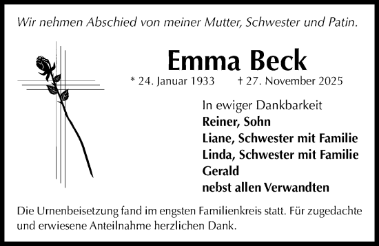 Traueranzeige von Emma Beck von Fürther Nachrichten Lokal