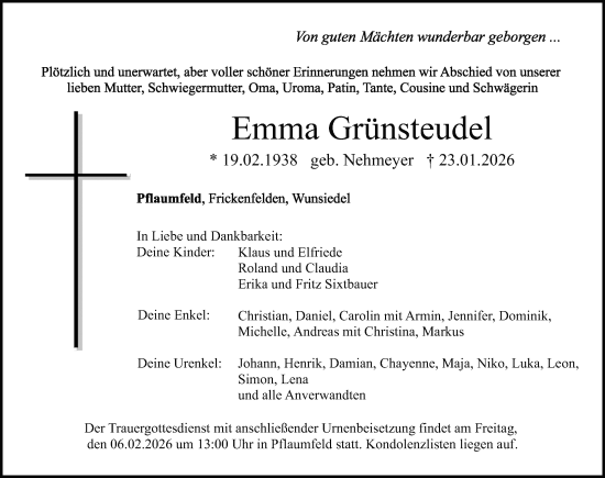Traueranzeige von Emma Grünsteudel von Altmühl-Bote Lokal
