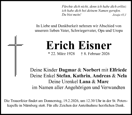 Traueranzeige von Erich Eisner von Gesamtausgabe Nürnberger Nachrichten/ Nürnberger Ztg.