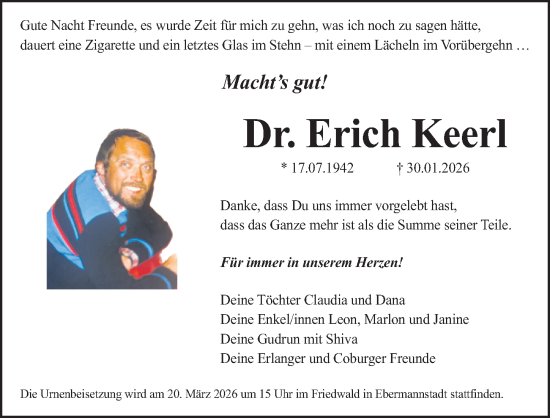 Traueranzeige von Erich Keerl von Erlanger Nachrichten Lokal