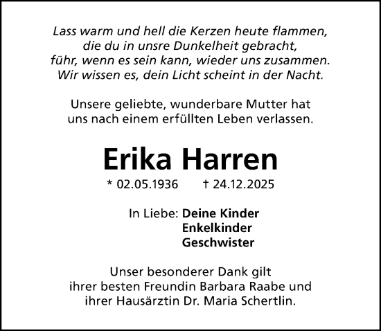 Traueranzeige von Erika Harren von Gesamtausgabe Nürnberger Nachrichten/ Nürnberger Ztg.