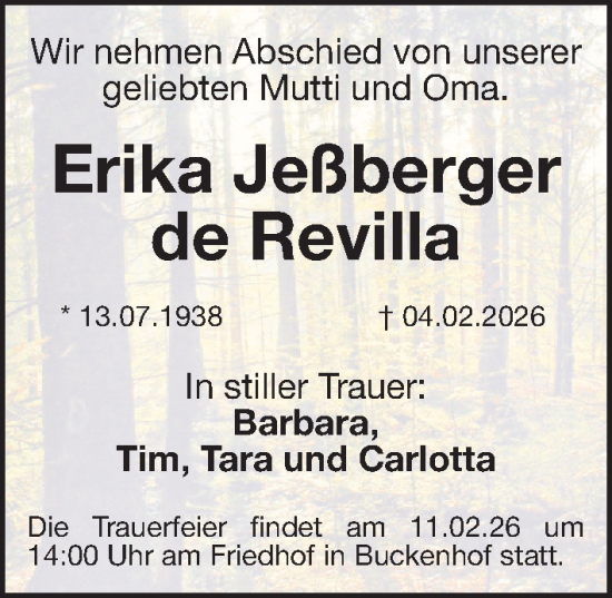 Traueranzeige von Erika Jeßberger de Revilla von Erlanger Nachrichten Lokal