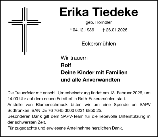 Traueranzeige von Erika Tiedeke von Roth-Hilpoltsteiner Volkszeitung Lokal