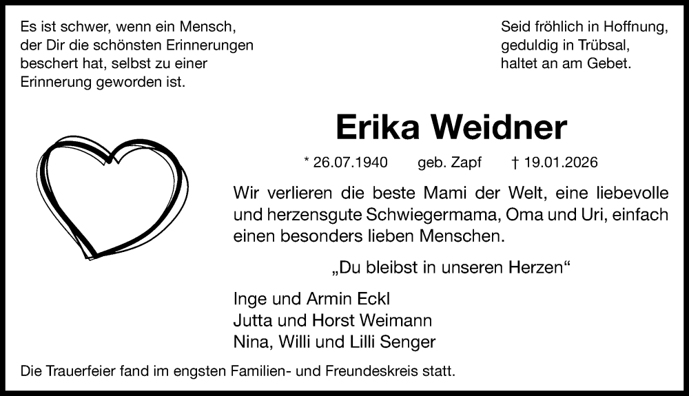  Traueranzeige für Erika Weidner vom 07.02.2026 aus Fürther Nachrichten Lokal