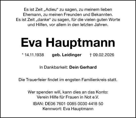 Traueranzeige von Eva Hauptmann von Gesamtausgabe Nürnberger Nachrichten/ Nürnberger Ztg.
