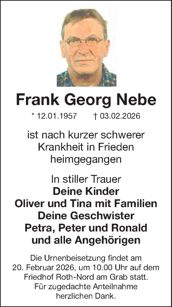 Traueranzeige von Frank Georg Nebe von Roth-Hilpoltsteiner Volkszeitung Lokal