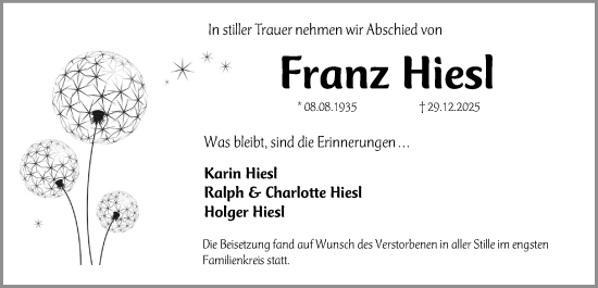 Traueranzeige von Franz Hiesl von Erlanger Nachrichten Lokal