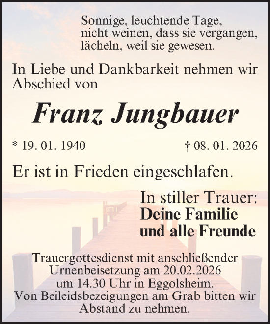 Traueranzeige von Franz Jungbauer von Nordbayerische Nachrichten Forchheim Lokal