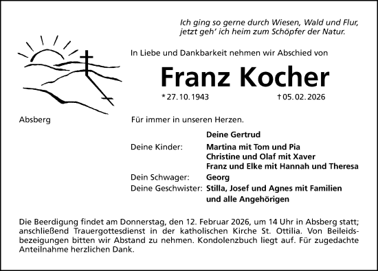 Traueranzeige von Franz Kocher von Altmühl-Bote Lokal