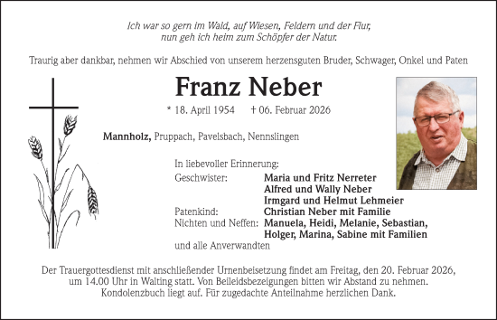 Traueranzeige von Franz Neber von Roth-Hilpoltsteiner Volkszeitung Lokal