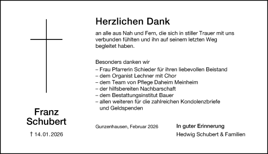 Traueranzeige von Franz Schubert von Altmühl-Bote Lokal