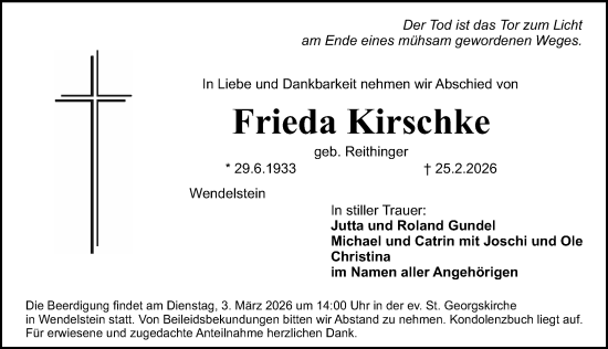 Traueranzeige von Frieda Kirschke von Schwabacher Tagblatt Lokal