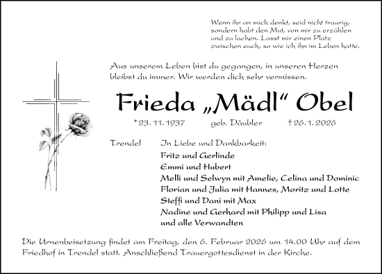 Traueranzeige von Frieda Obel von Altmühl-Bote Lokal