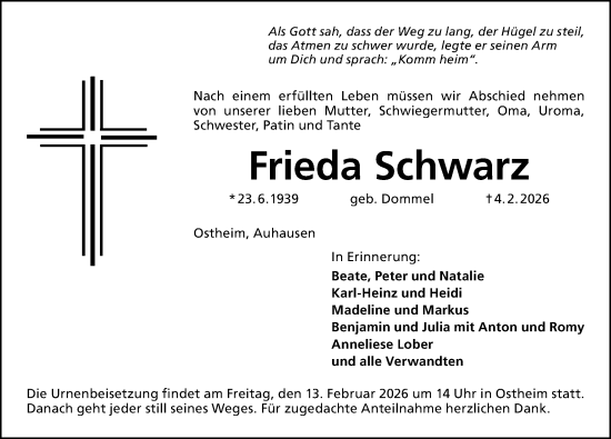 Traueranzeige von Frieda Schwarz von Altmühl-Bote Lokal