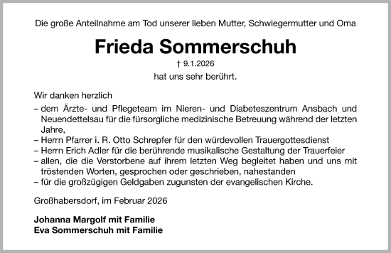 Traueranzeige von Frieda Sommerschuh von Fürther Nachrichten Lokal