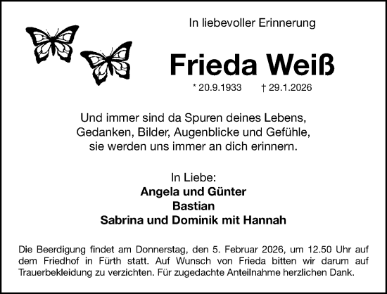 Traueranzeige von Frieda Weiß von Fürther Nachrichten Lokal