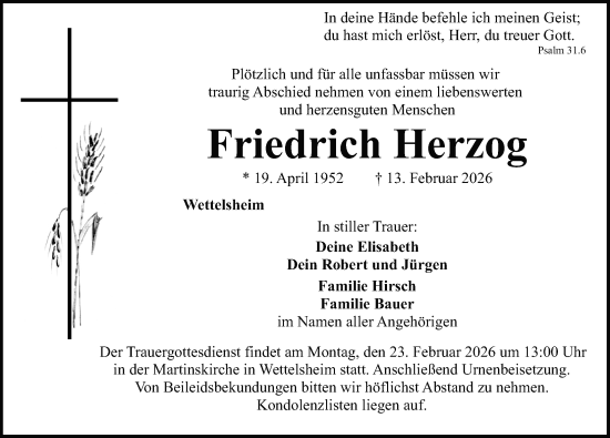 Traueranzeige von Friedrich Herzog von Altmühl-Bote Lokal