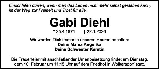 Traueranzeige von Gabi Diehl von Schwabacher Tagblatt Lokal