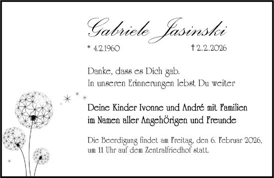 Traueranzeige von Gabriele Jasinski von Erlanger Nachrichten Lokal