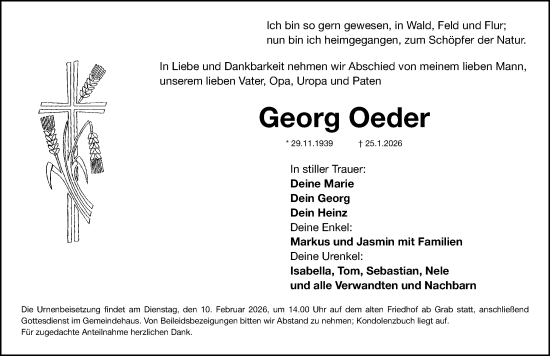 Traueranzeige von Georg Oeder von Roth-Hilpoltsteiner Volkszeitung Lokal