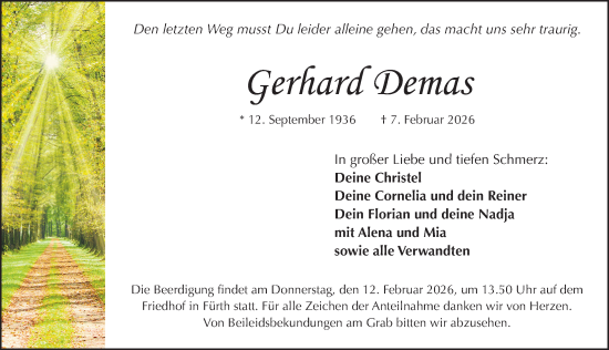 Traueranzeige von Gerhard Demas von Fürther Nachrichten Lokal